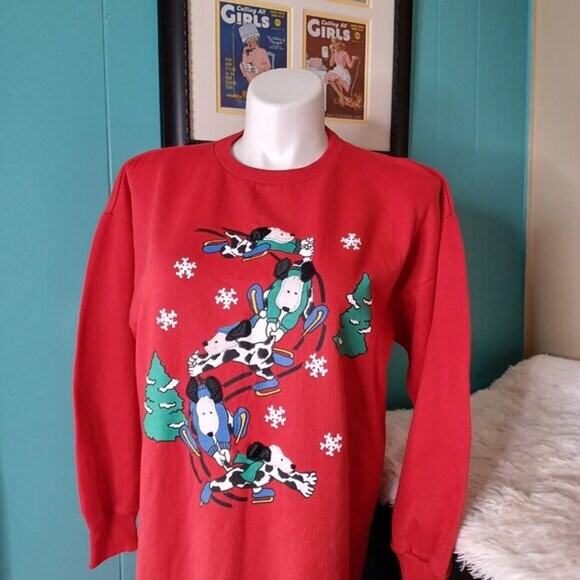 VINTAGE 80's Comfort Exchange Christmas Cute Dogs Ski Red Nightgown Unisex M - Picture 2 of 9